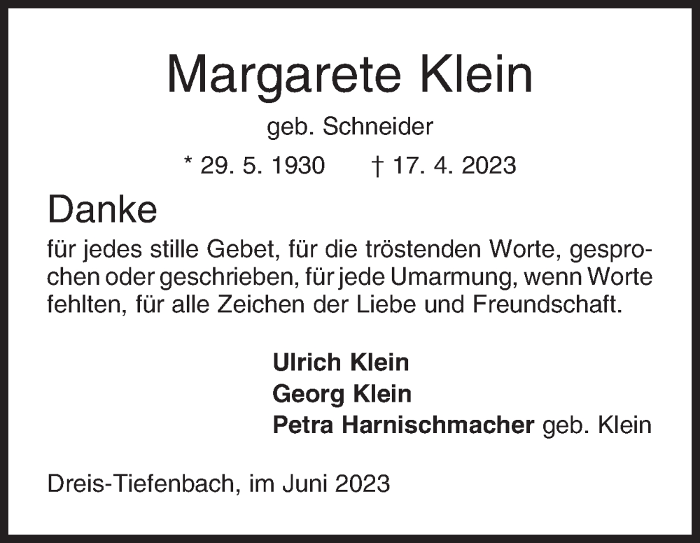  Traueranzeige für Margarete Klein vom 02.06.2023 aus Siegener Zeitung