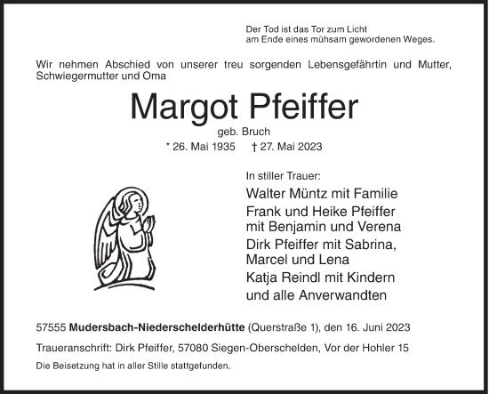 Traueranzeige von Margot Pfeiffer von Siegener Zeitung