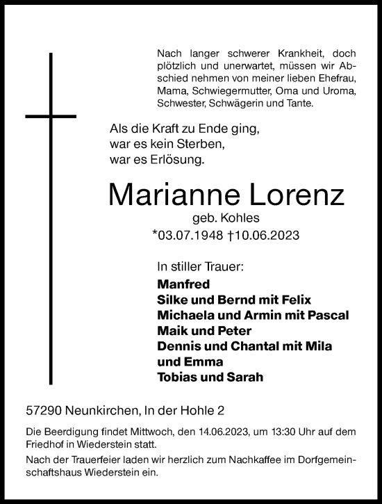Traueranzeige von Marianne Lorenz von Siegener Zeitung