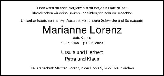 Traueranzeige von Marianne Lorenz von Siegener Zeitung