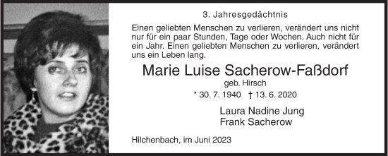 Traueranzeige von Marie Luise Sacherow-Faßdorf von Siegener Zeitung