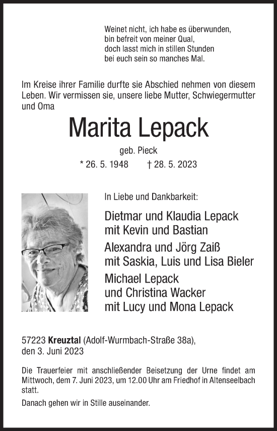 Traueranzeige von Marita Lepack von Siegener Zeitung