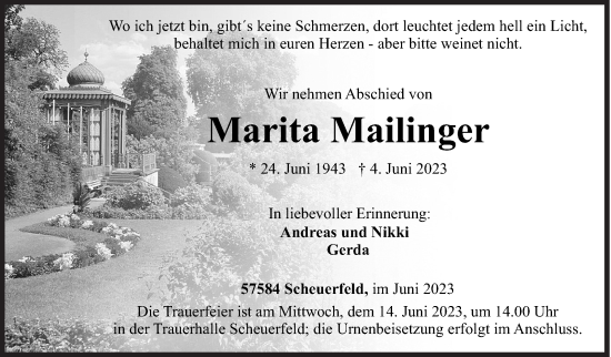 Traueranzeige von Marita Mailinger von Siegener Zeitung