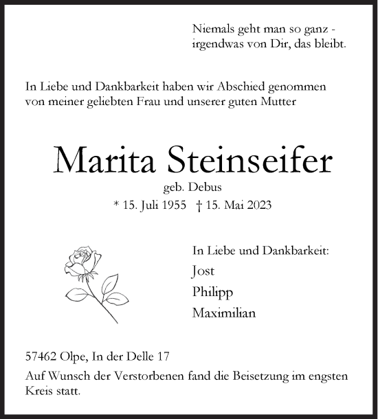 Traueranzeige von Marita Steinseifer von Siegener Zeitung