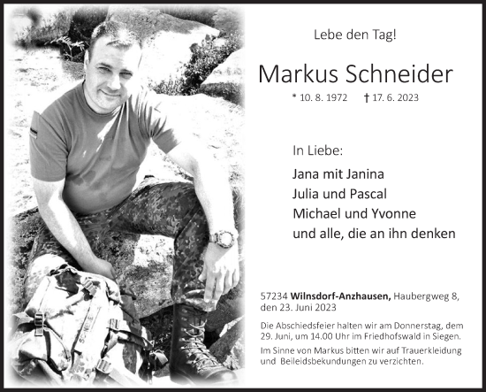 Traueranzeige von Markus Schneider von Siegener Zeitung