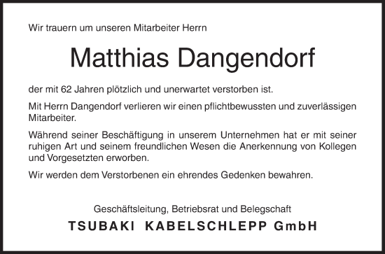 Traueranzeige von Matthias Dangendorf von Siegener Zeitung
