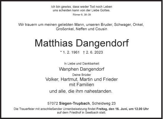Traueranzeige von Matthias Dangendorf von Siegener Zeitung