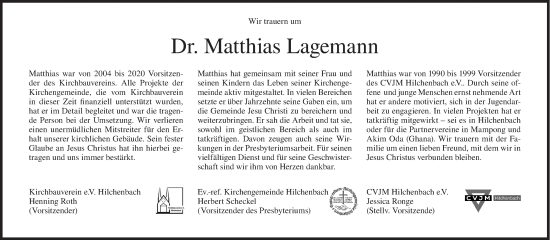 Traueranzeige von Matthias Lagemann von Siegener Zeitung