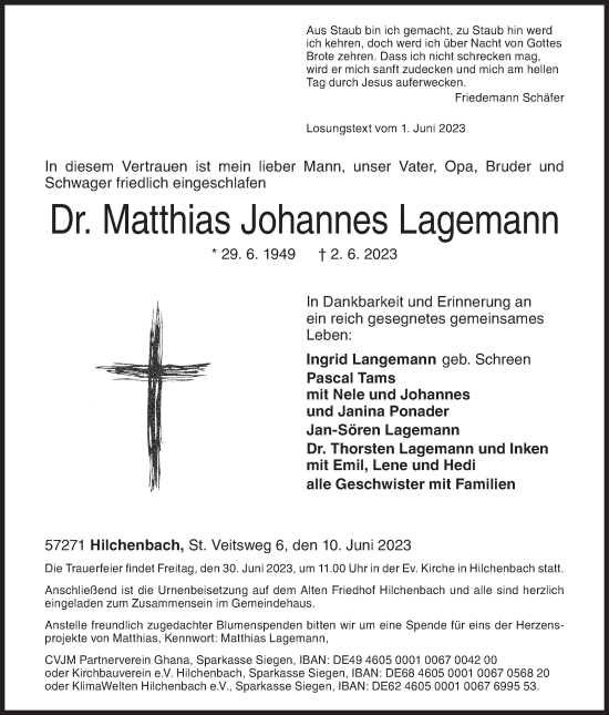 Traueranzeige von Matthias Johannes Lagemann von Siegener Zeitung