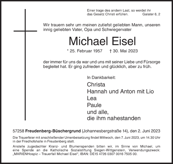 Traueranzeige von Michael Eisel von Siegener Zeitung