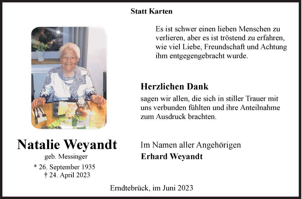  Traueranzeige für Natalie Weyandt vom 24.06.2023 aus Siegener Zeitung