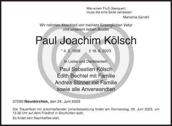 Traueranzeige von Paul Joachim Kölsch von Siegener Zeitung