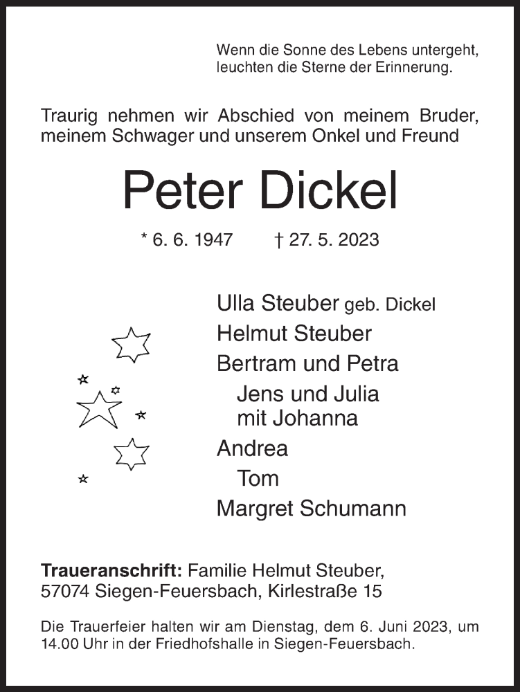  Traueranzeige für Peter Dickel vom 02.06.2023 aus Siegener Zeitung