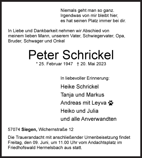 Traueranzeige von Peter Schrickel von Siegener Zeitung