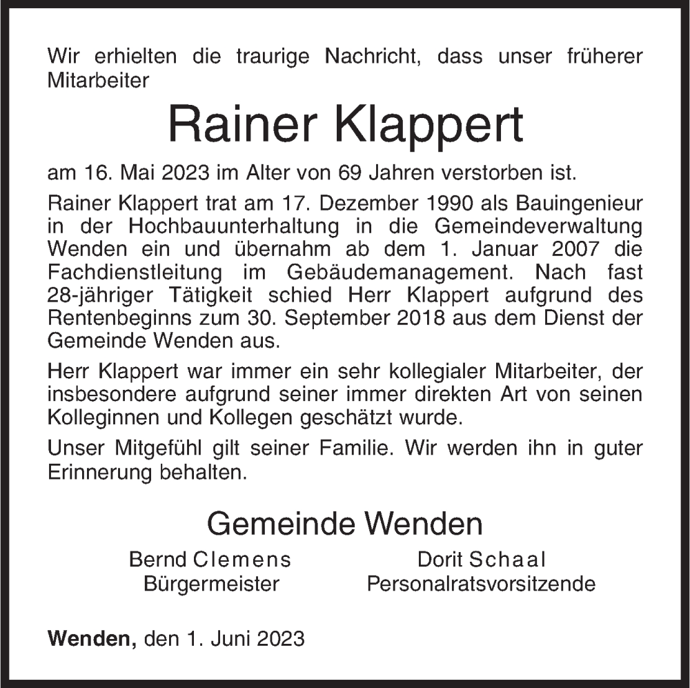  Traueranzeige für Rainer Klappert vom 01.06.2023 aus Siegener Zeitung