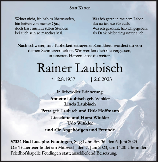 Traueranzeige von Rainer Laubisch von Siegener Zeitung