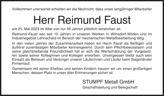 Traueranzeige von Reimund Faust von Siegener Zeitung