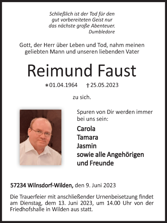 Traueranzeige von Reimund Faust von Siegener Zeitung