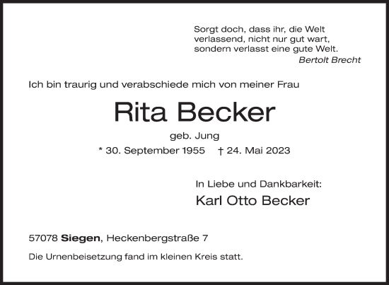 Traueranzeige von Rita Becker von Siegener Zeitung