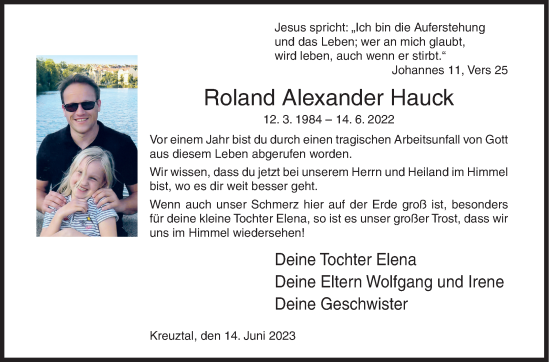Traueranzeige von Roland Alexander Hauck von Siegener Zeitung