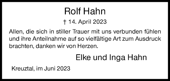 Traueranzeige von Rolf Hahn von Siegener Zeitung