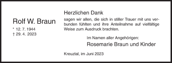 Traueranzeige von Rolf W. Braun von Siegener Zeitung