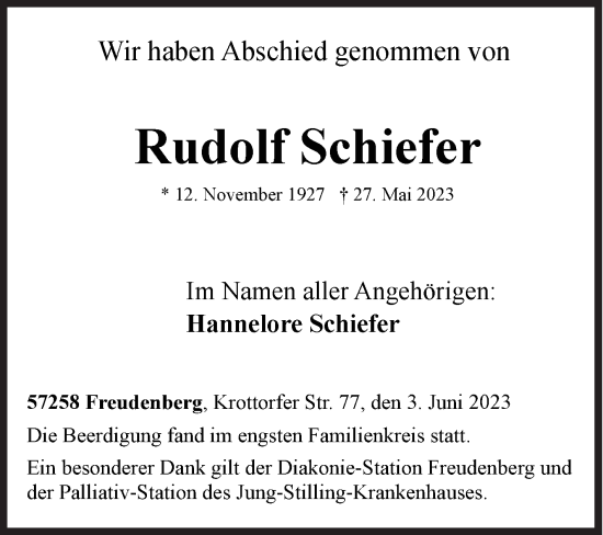 Traueranzeige von Rudolf Schiefer von Siegener Zeitung