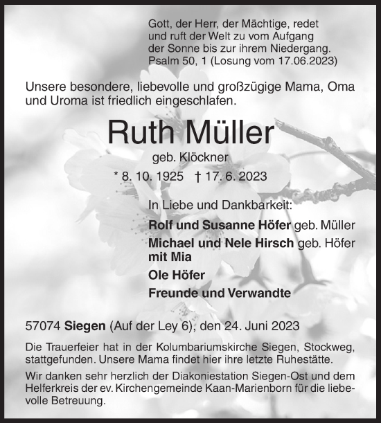 Traueranzeige von Ruth Müller von Siegener Zeitung