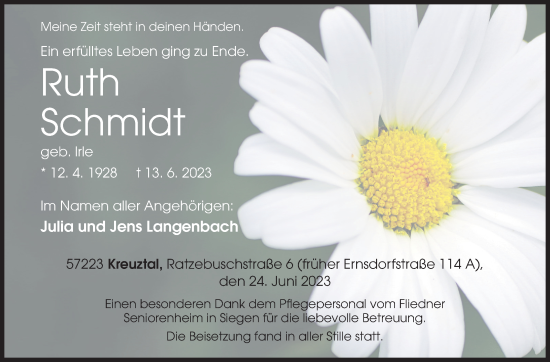 Traueranzeige von Ruth Schmidt von Siegener Zeitung