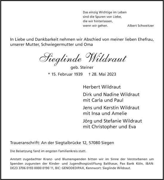 Traueranzeige von Sieglinde Wildraut von Siegener Zeitung