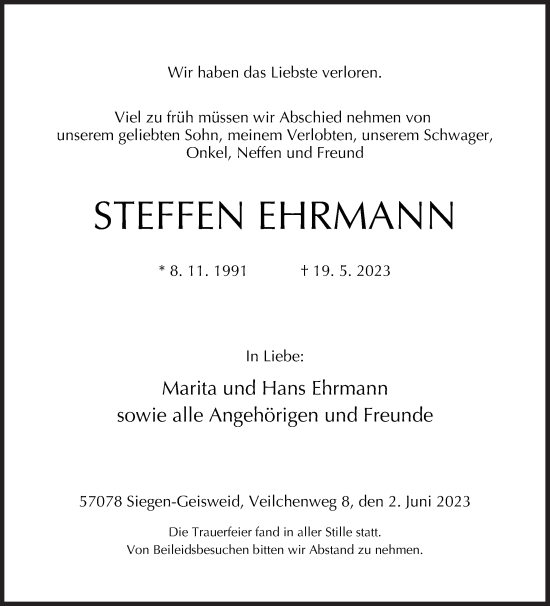 Traueranzeige von Steffen Ehrmann von Siegener Zeitung