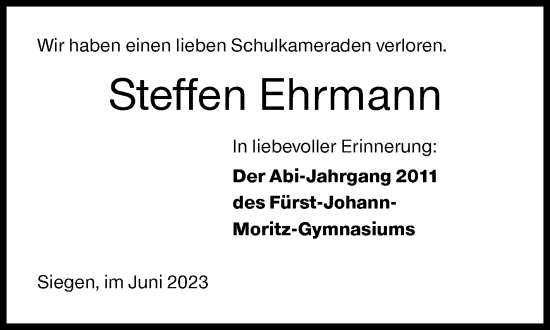 Traueranzeige von Steffen Ehrmann von Siegener Zeitung