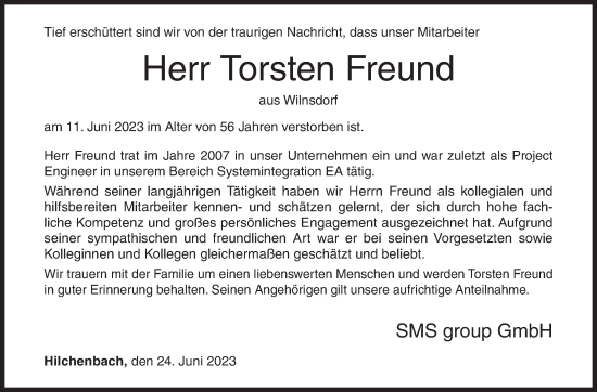 Traueranzeige von Torsten Freund von Siegener Zeitung