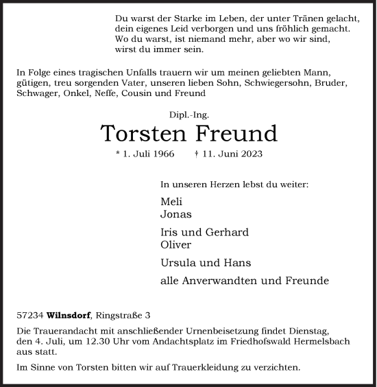 Traueranzeige von Torsten Freund von Siegener Zeitung