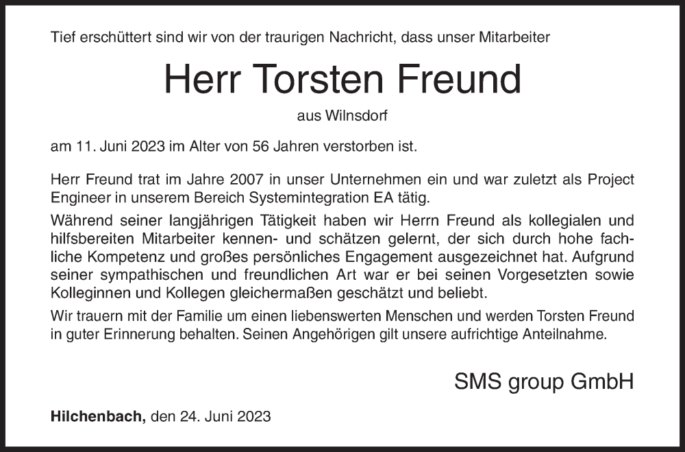  Traueranzeige für Torsten Freund vom 24.06.2023 aus Siegener Zeitung