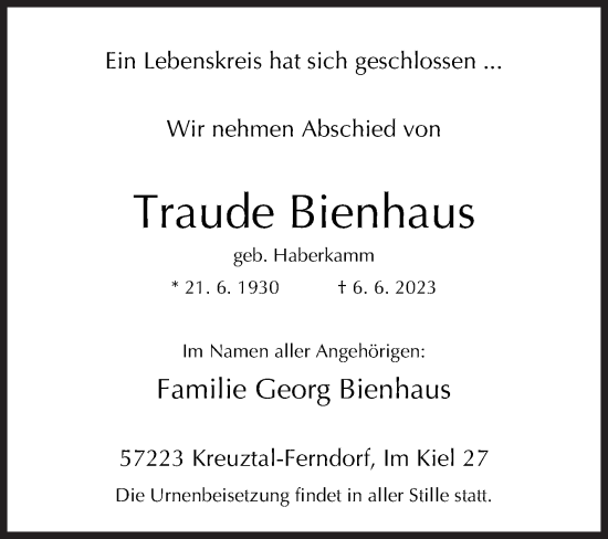 Traueranzeige von Traude Bienhaus von Siegener Zeitung