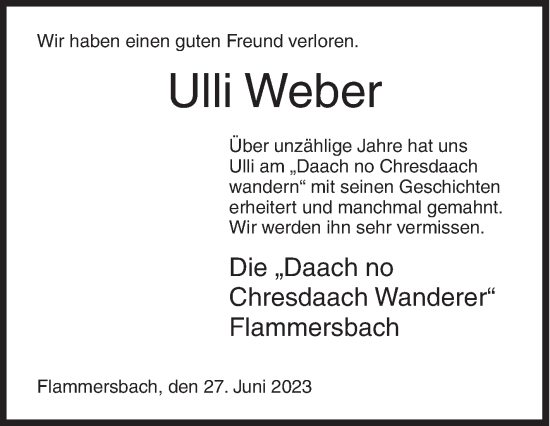 Traueranzeige von Ulli Weber von Siegener Zeitung