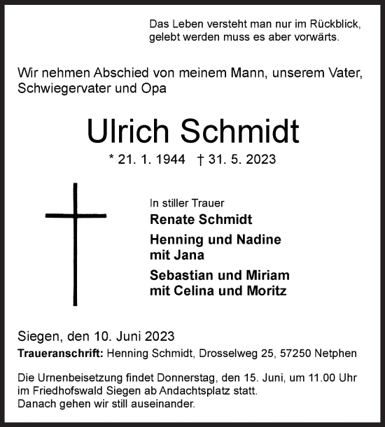 Traueranzeige von Ulrich Schmidt von Siegener Zeitung