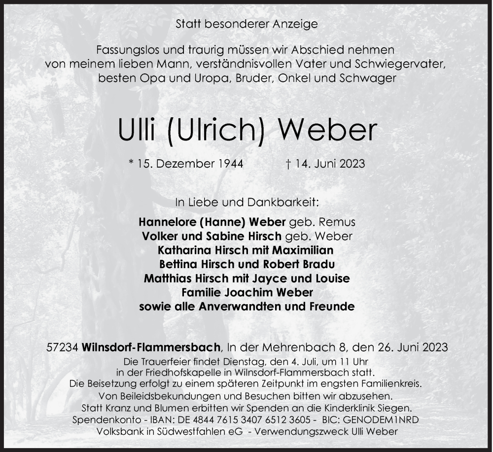  Traueranzeige für Ulrich Weber vom 26.06.2023 aus Siegener Zeitung