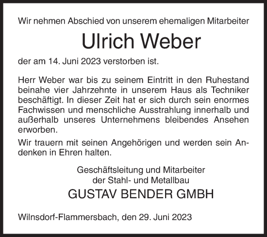 Traueranzeige von Ulrich Weber von Siegener Zeitung