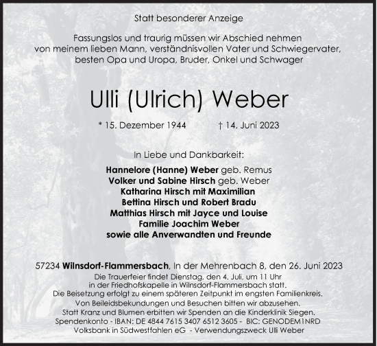 Traueranzeige von Ulrich Weber von Siegener Zeitung