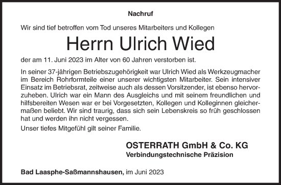 Traueranzeige von Ulrich Wied von Siegener Zeitung