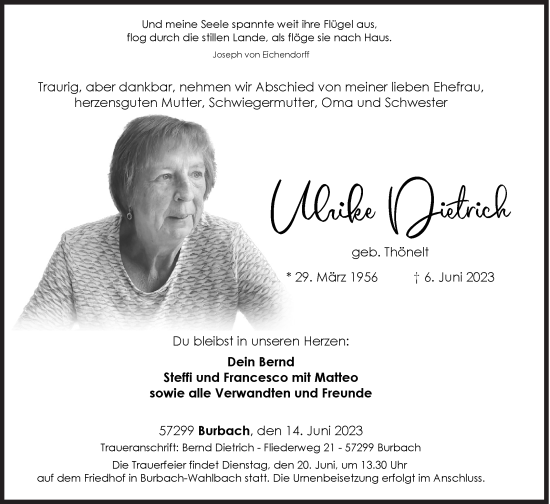 Traueranzeige von Ulrike Dietrich von Siegener Zeitung