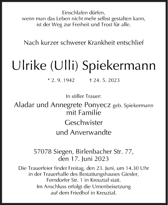 Traueranzeige von Ulrike Spiekermann von Siegener Zeitung