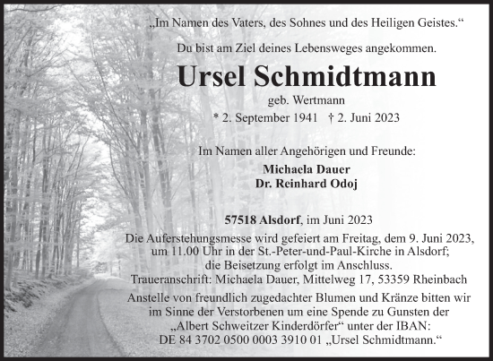 Traueranzeige von Ursel Schmidtmann von Siegener Zeitung