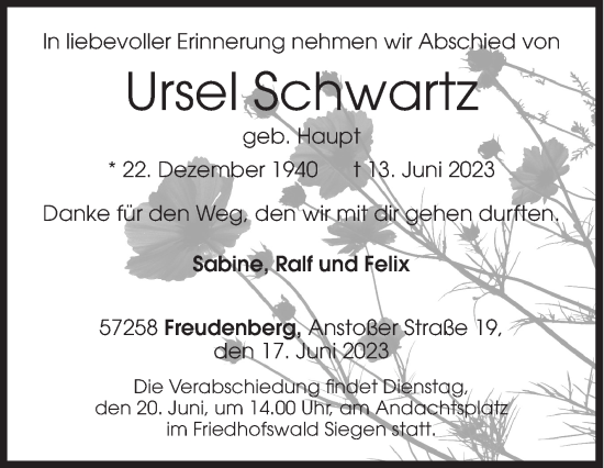 Traueranzeige von Ursel Schwartz von Siegener Zeitung