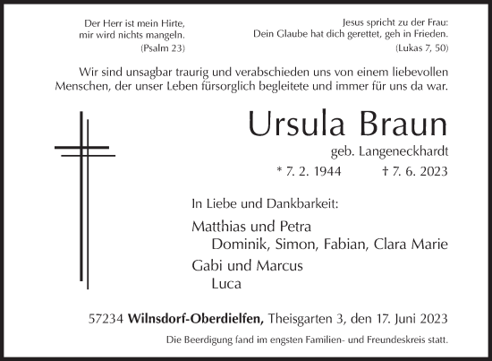Traueranzeige von Ursula Braun von Siegener Zeitung