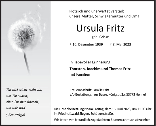 Traueranzeige von Ursula Fritz von Siegener Zeitung