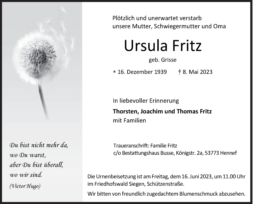  Traueranzeige für Ursula Fritz vom 03.06.2023 aus Siegener Zeitung