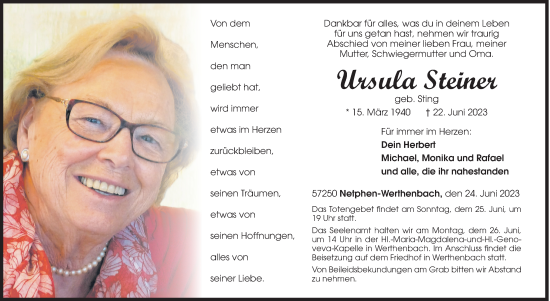Traueranzeige von Ursula Steiner von Siegener Zeitung